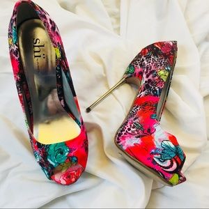 Floral and cheetah print heels with silver heel